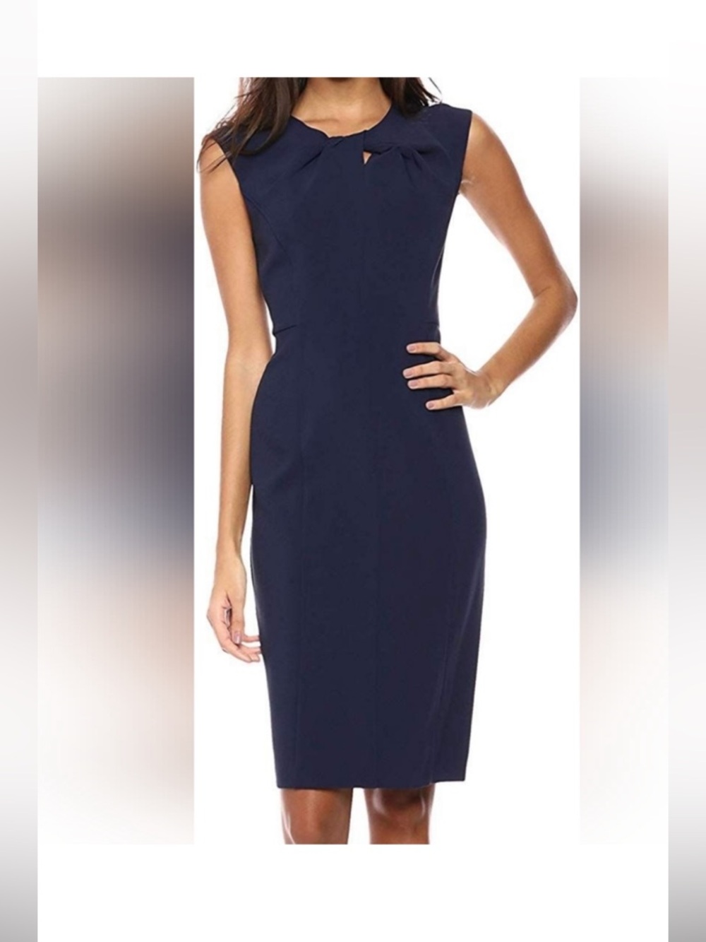 Lark & Ro sz 10 Sleeveless Navy Midi Sheath Dress Twist Neck minimalist neutral